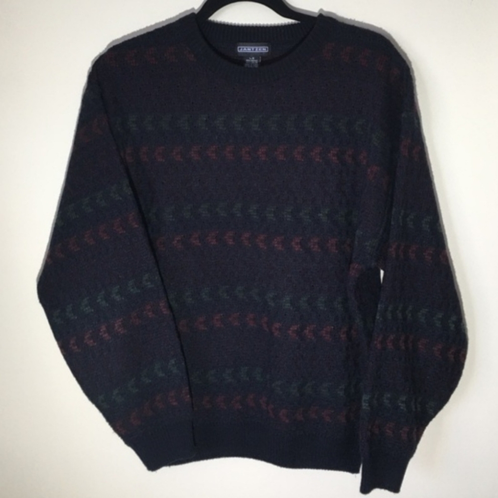 Vintage Jantzen Navy Blue Chevron Thick Knit Sweater Men's Large L Grandpa Cosby